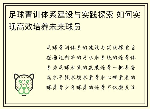 足球青训体系建设与实践探索 如何实现高效培养未来球员