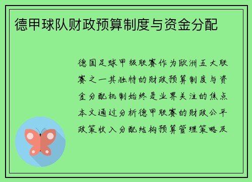 德甲球队财政预算制度与资金分配