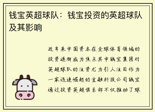 钱宝英超球队：钱宝投资的英超球队及其影响